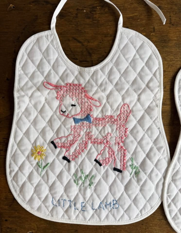 Vintage Hand-Embroidered Baby Bibs (Set of 2)—Lamb + Owl—Quilted - photo 2