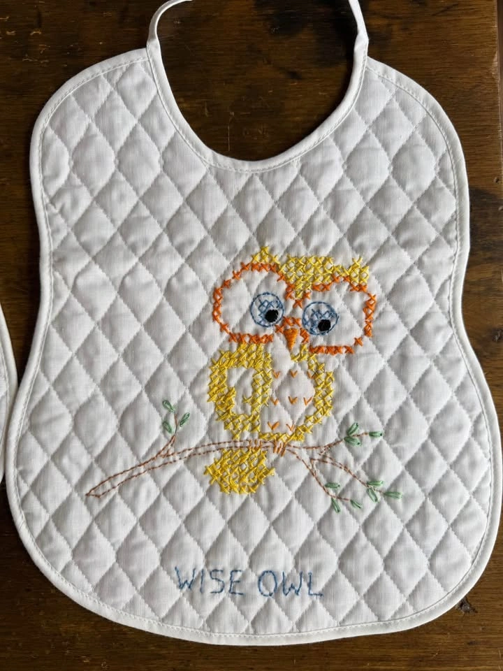 Vintage Hand-Embroidered Baby Bibs (Set of 2)—Lamb + Owl—Quilted - photo 3