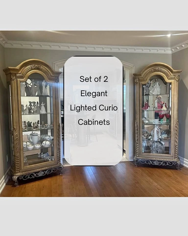 Elegant Lighted Curio Cabinets - Set of 2 (Matching)