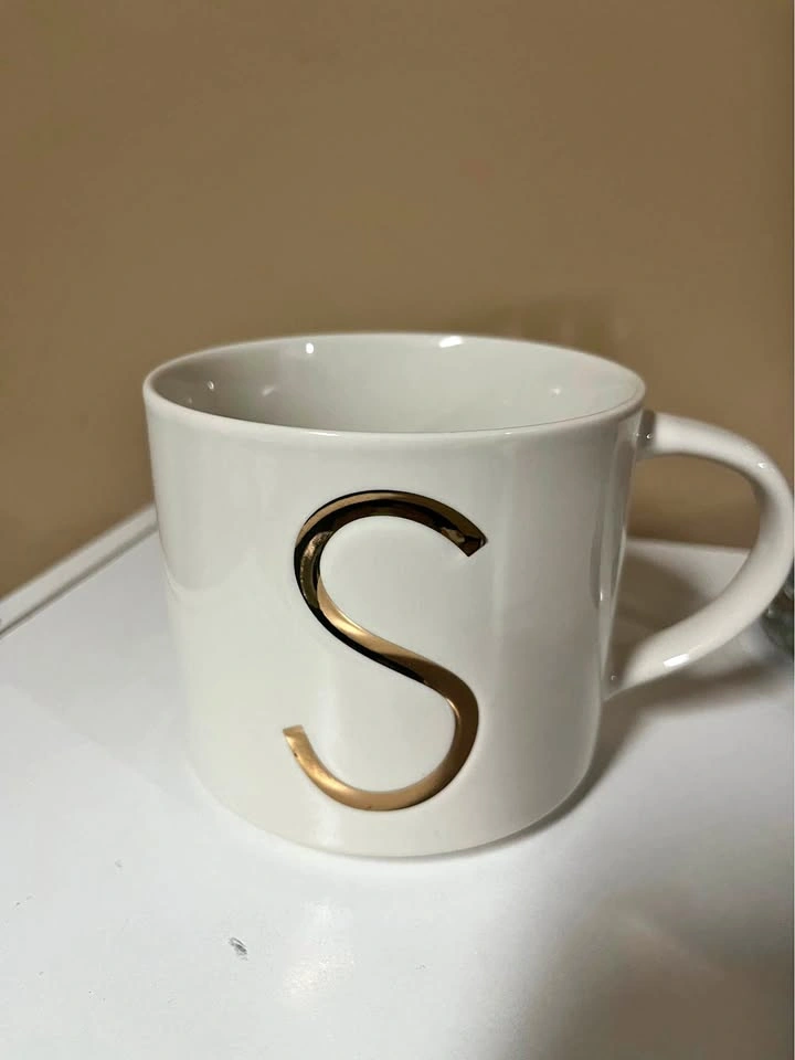 Cute White Ceramic Mug with Gold Initial 'S'