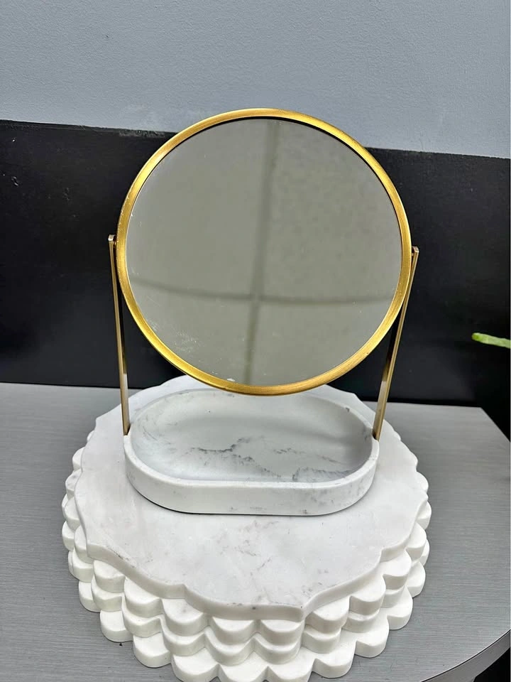 Gold Oval Vanity Mirror with Marble-Look Base