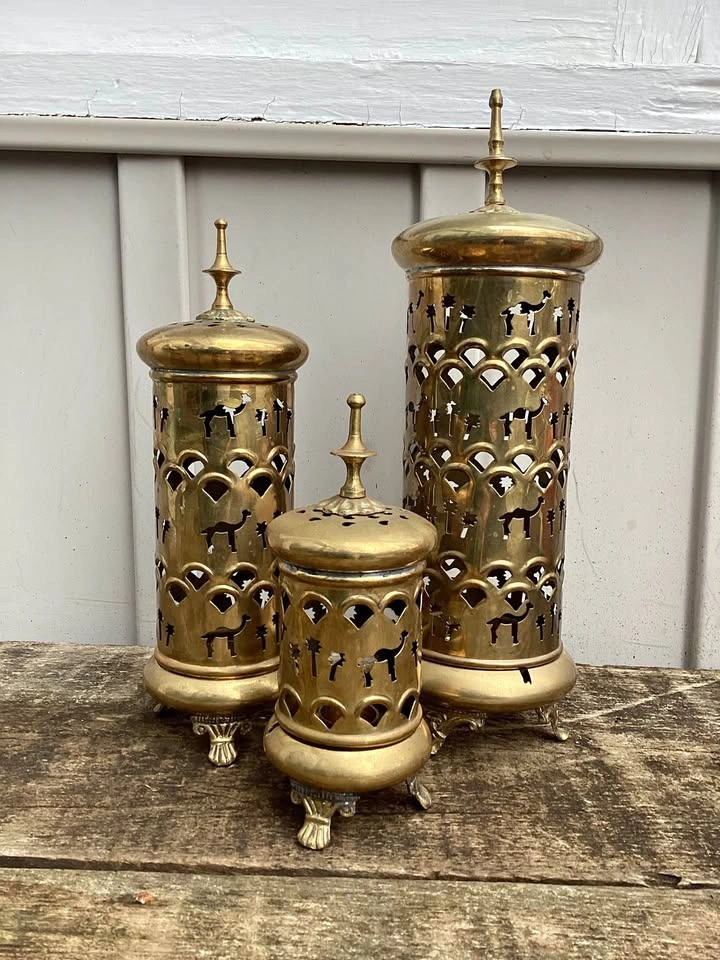 Set of 3 Pierced Brass Lanterns - Candles, Incense