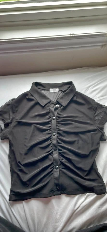 Black Mesh Button Up Short Sleeve Shirt