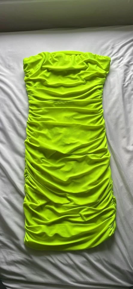 Neon Yellow Ruched Strapless Bodycon Dress