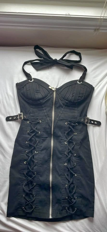 Black Halter Corset Mini Dress with Lace Up Detail