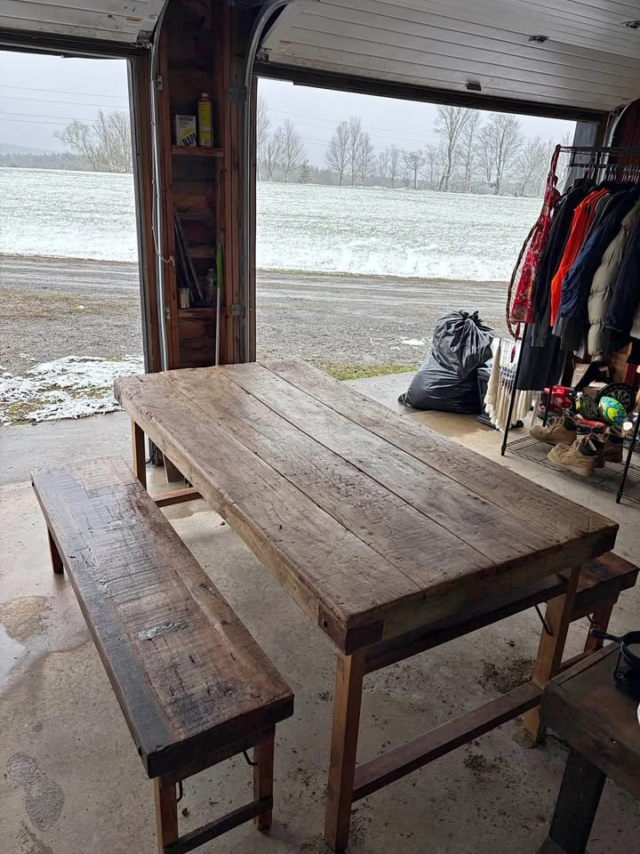 Rustic Farmhouse Wooden Dining Table with 2 Benches