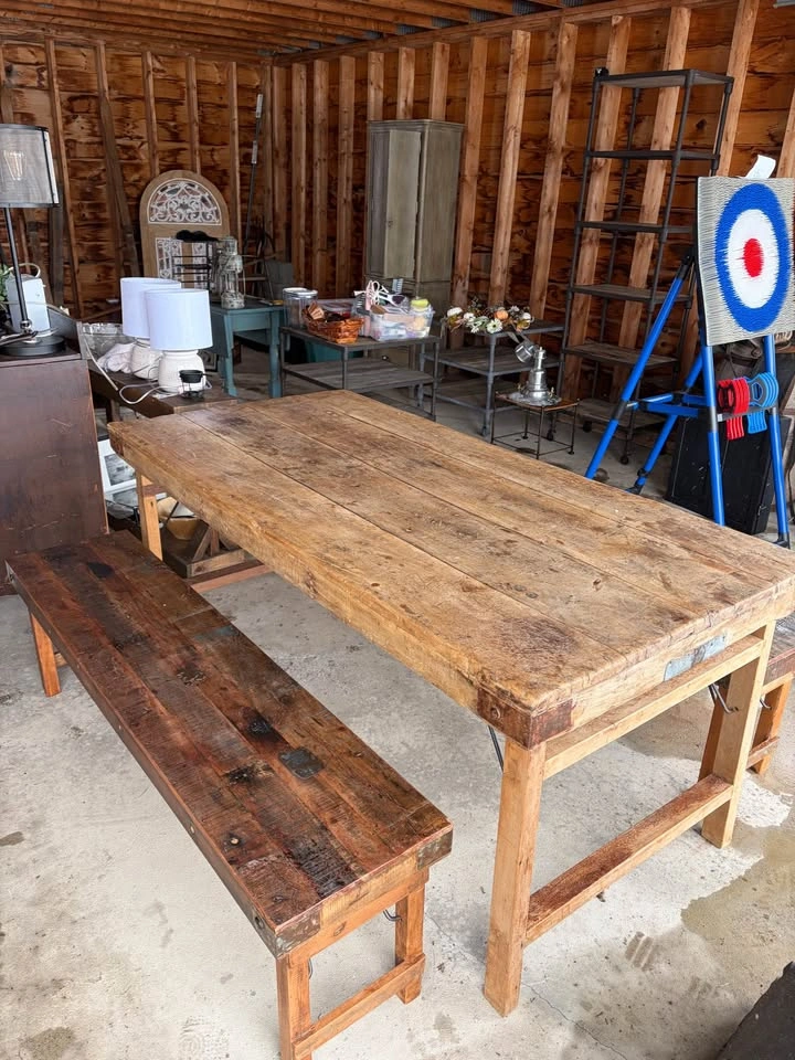 Rustic Farmhouse Wooden Dining Table with 2 Benches - photo 2