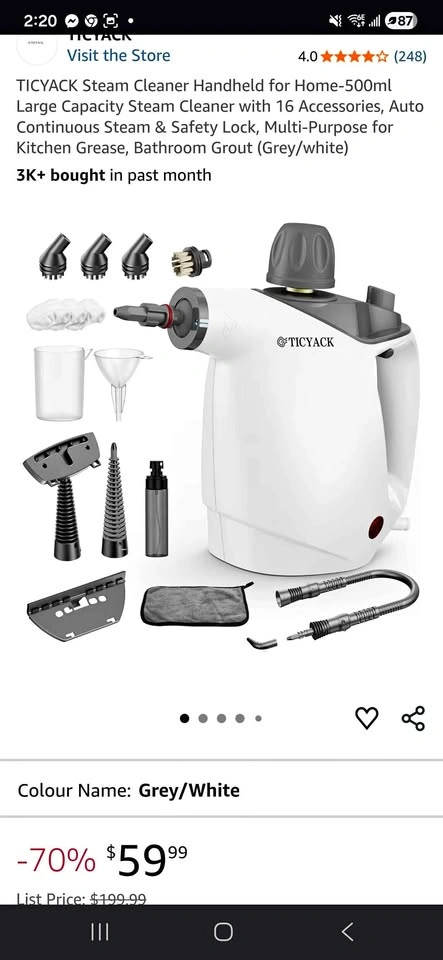 Handheld Steam Cleaner - 500ml, 16 Accessories, Grey/White