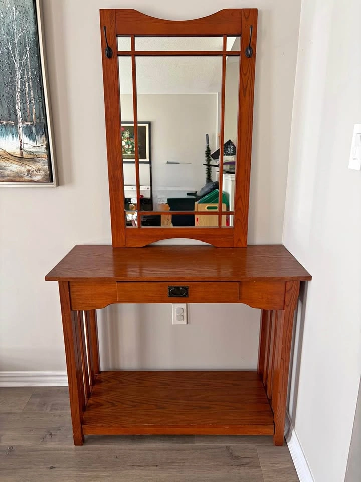 Mission Style Wood Console Table with Mirror & Hooks