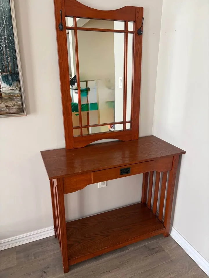 Mission Style Wood Console Table with Mirror & Hooks - photo 2