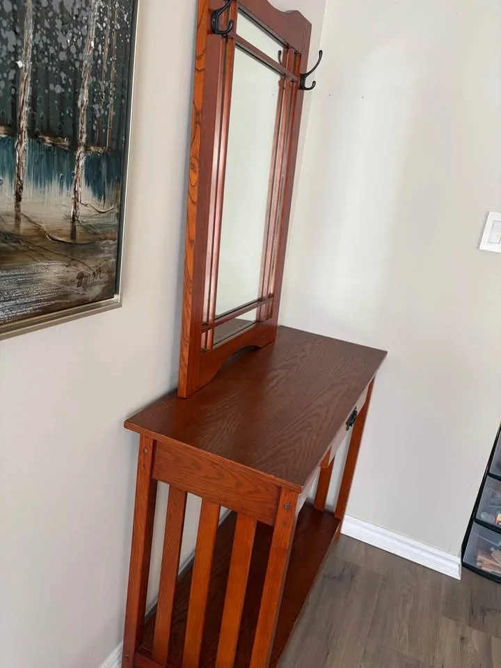 Mission Style Wood Console Table with Mirror & Hooks - photo 3