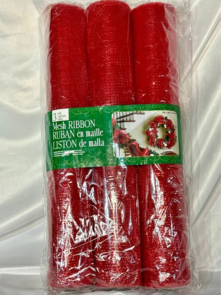 3 Rolls Red Glitter Mesh Ribbon - New