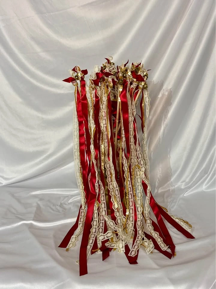 Red & Gold Ribbon Wands w Bells & Lace Set of 20 - photo 2