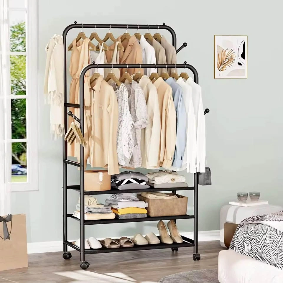 Double Rods Clothing Garment Rack with 3-Tier Storage Shelf