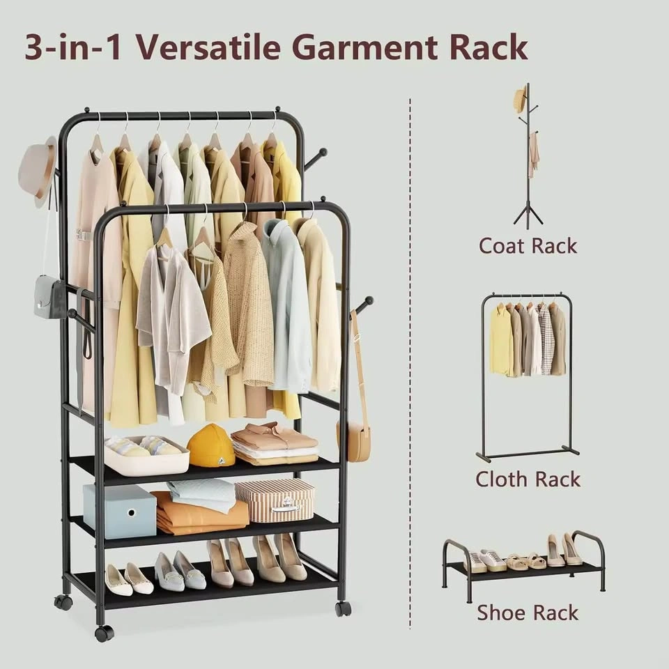 Double Rods Clothing Garment Rack with 3-Tier Storage Shelf - photo 2