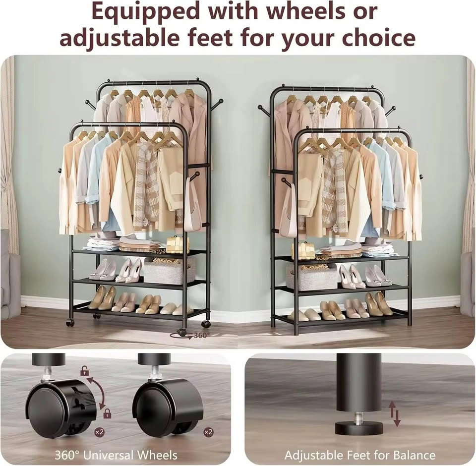 Double Rods Clothing Garment Rack with 3-Tier Storage Shelf - photo 4