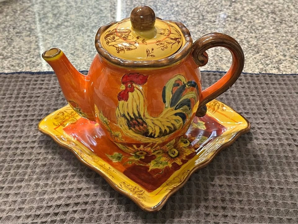 Orange rooster teapot with tray