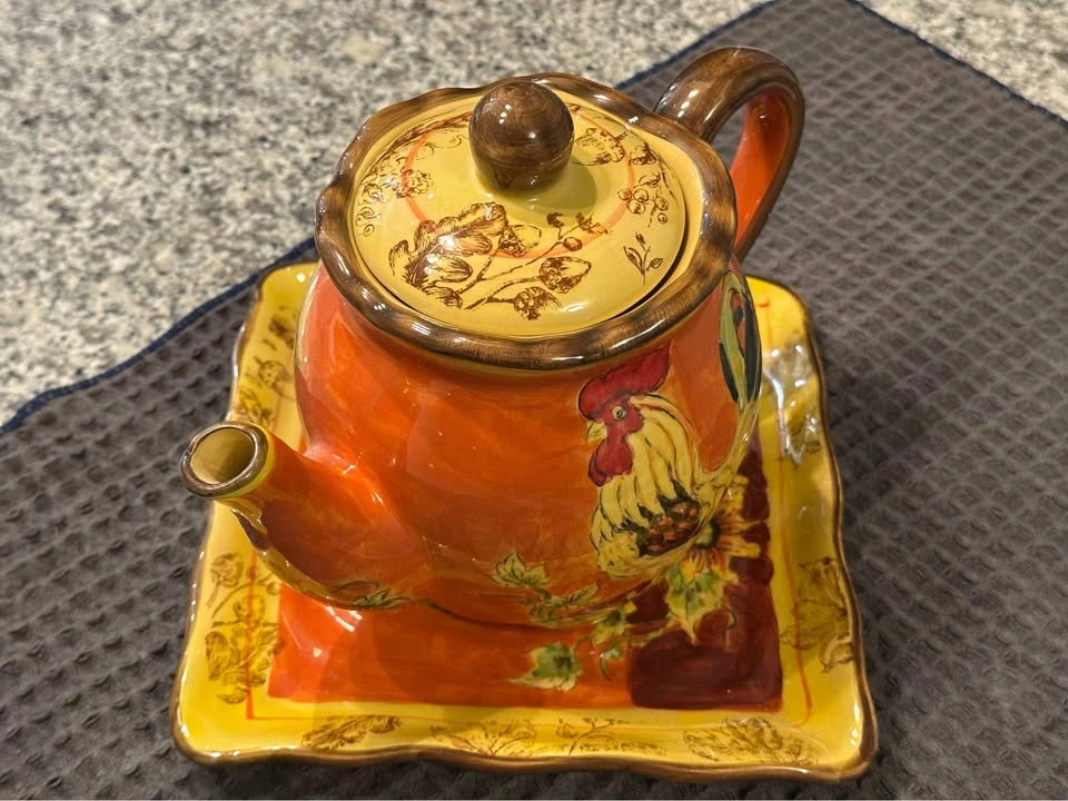 Orange rooster teapot with tray - photo 2