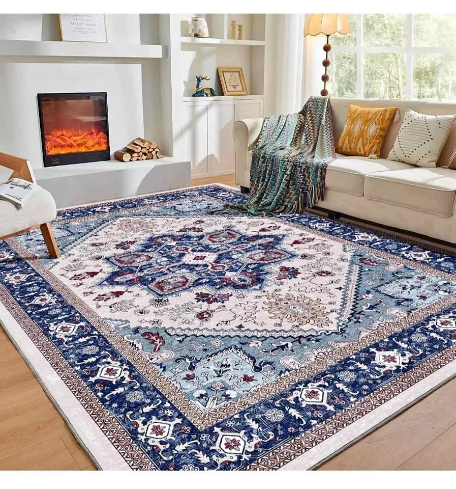 Brand New 9x12 Washable Area Rug - Navy Blue/Red/Cream