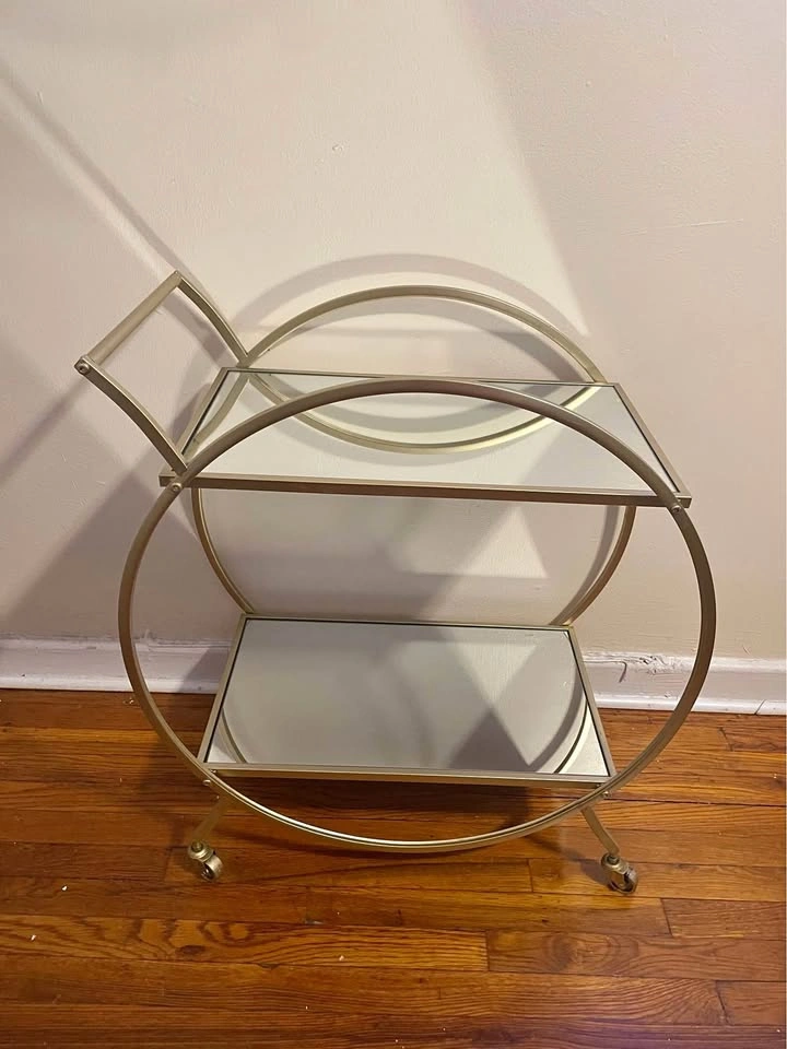 Gold Metal Rolling Mirrored Shelf Bar Cart with Top Handle $100