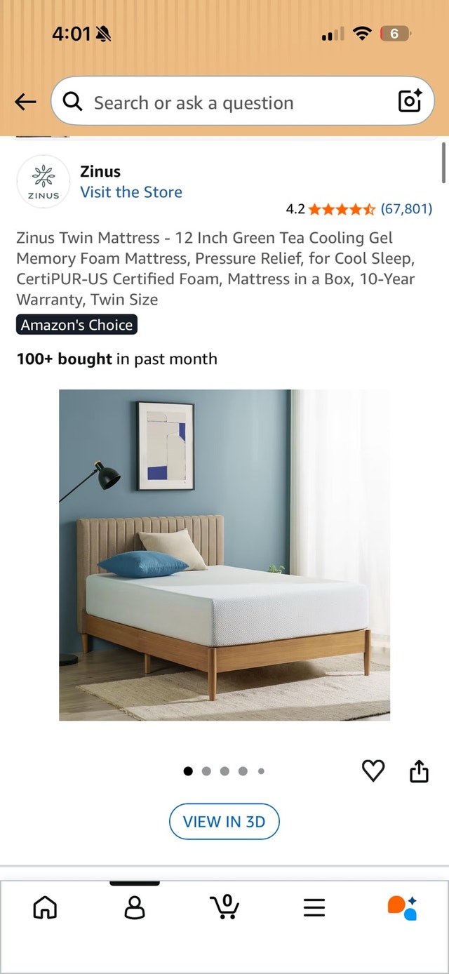 Zinus Twin Mattress - 12 Inch Green Tea Cooling Gel Memory Foam