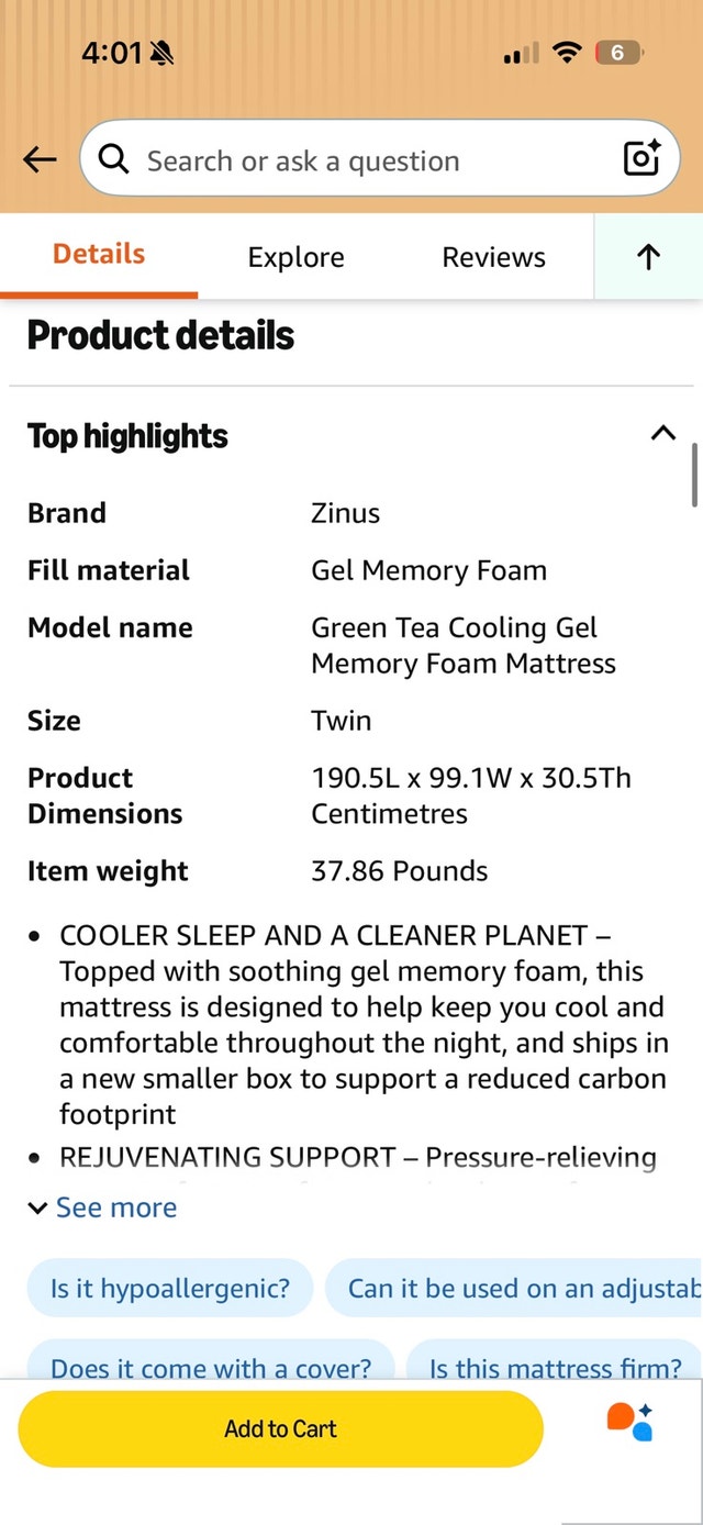 Zinus Twin Mattress - 12 Inch Green Tea Cooling Gel Memory Foam - photo 2