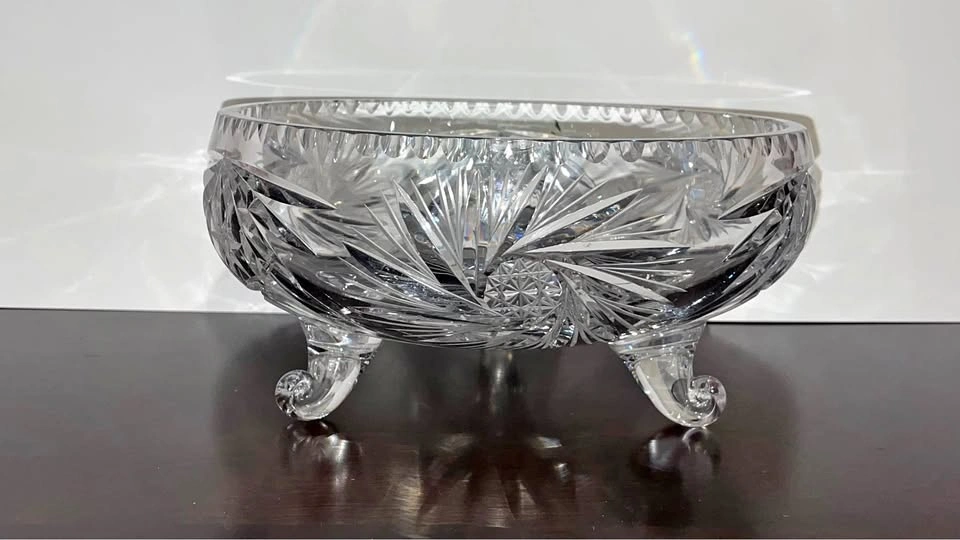 Vintage Crystal Footed Bowl Pinwheel Pattern - Large 10.5"
