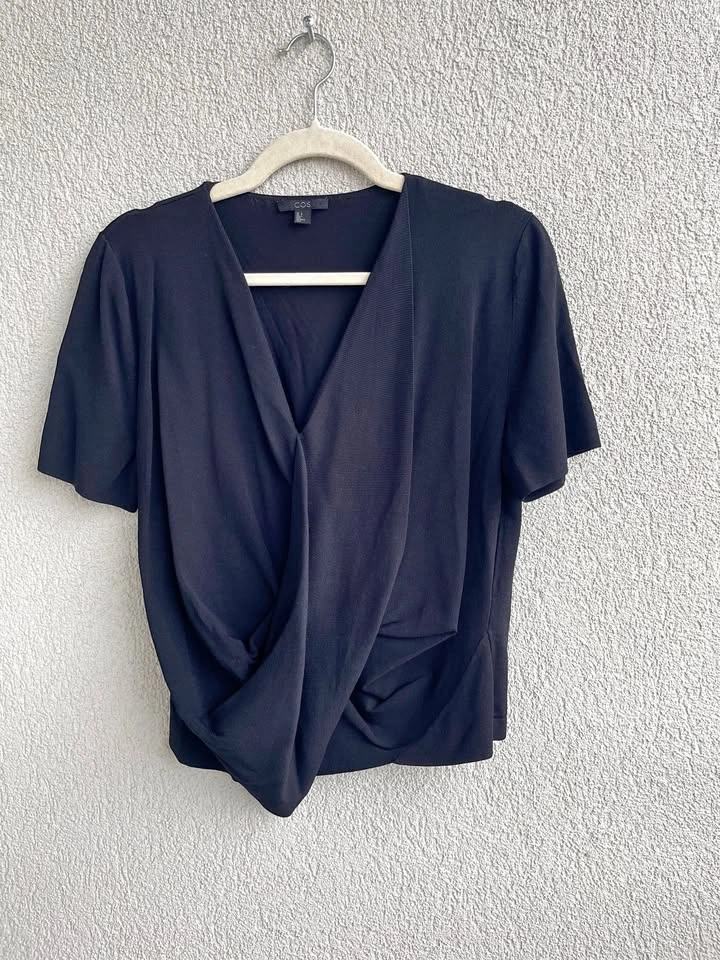 COS Black Draped Twist Front Top S | Minimalist Designer Blouse