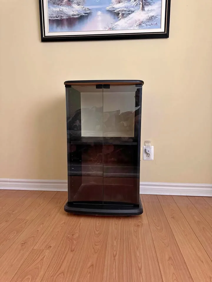 Black Glass Door Cabinet on Casters – 20”W × 35”H × 19”D thumbnail
