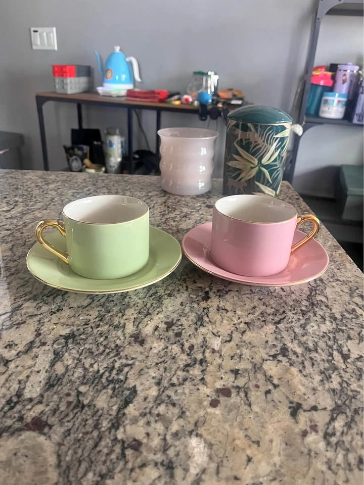CLASSICCOFFEEANDTEA Pastel Pink and Green Cup and Saucer