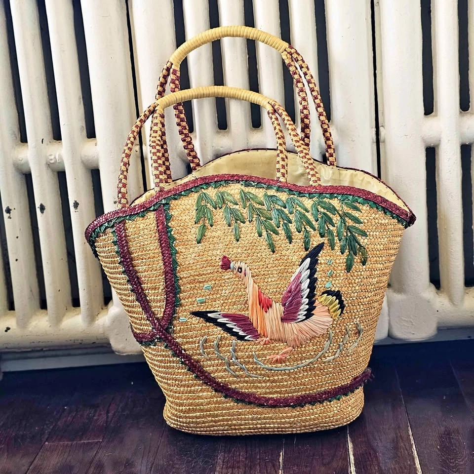 Vintage 1970s Embroidered Straw Tote Bag - Bird & Willow
