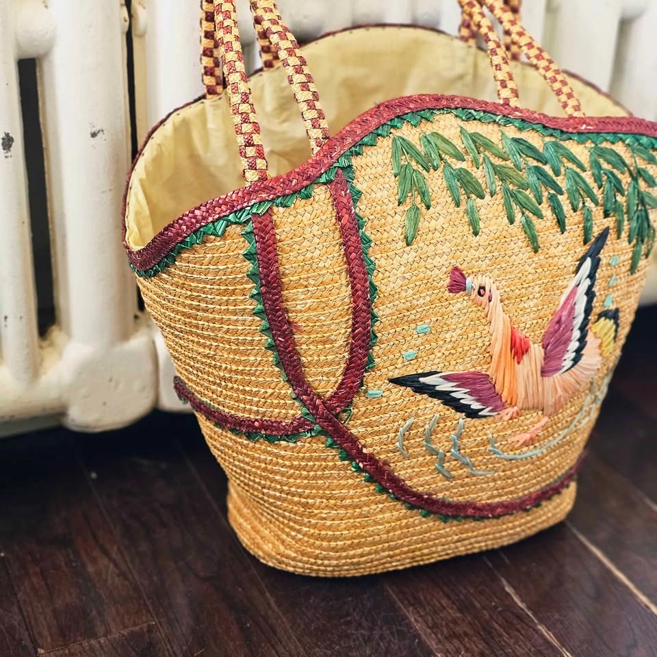 Vintage 1970s Embroidered Straw Tote Bag - Bird & Willow - photo 2