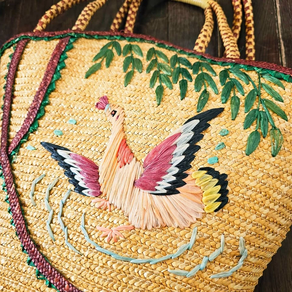 Vintage 1970s Embroidered Straw Tote Bag - Bird & Willow - photo 3