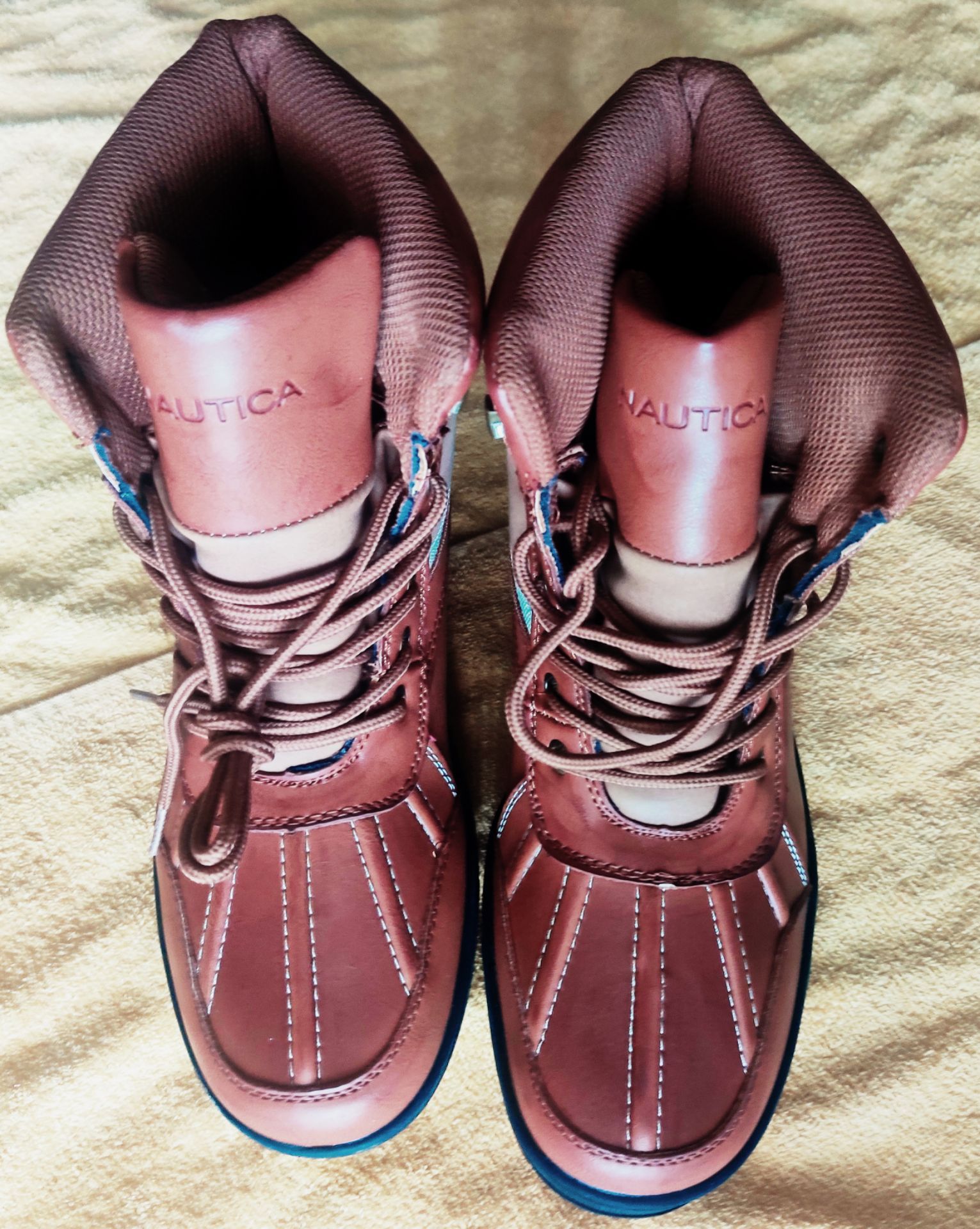 Nautica Brown High Top Boots with Rugged Sole and Blue Accents 👢