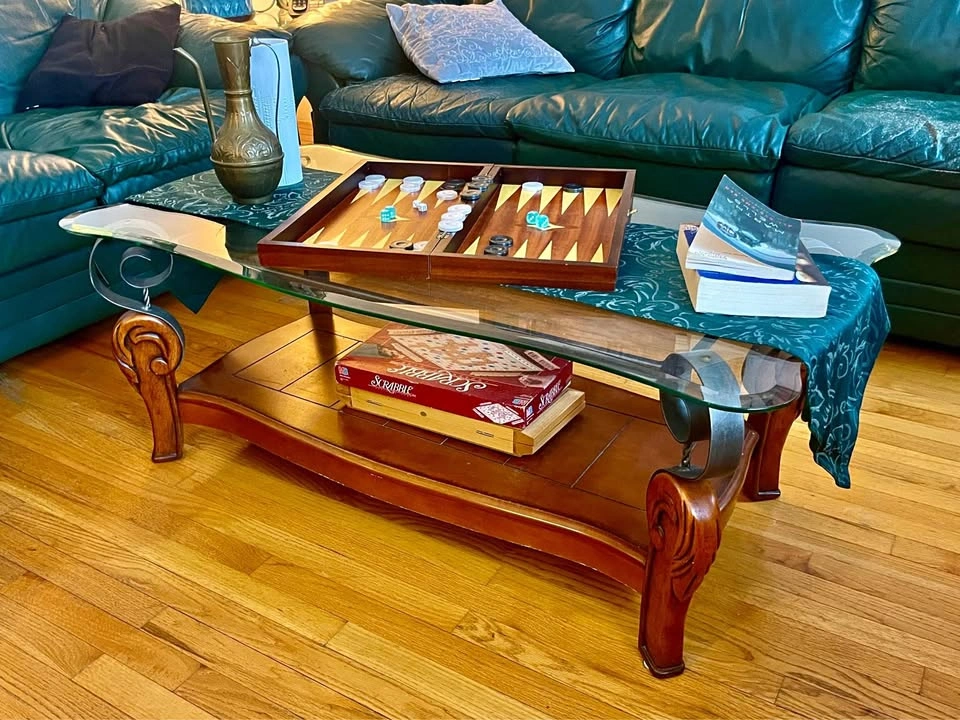 Antique Coffee Table with Glass Top / Wood Metal Accents