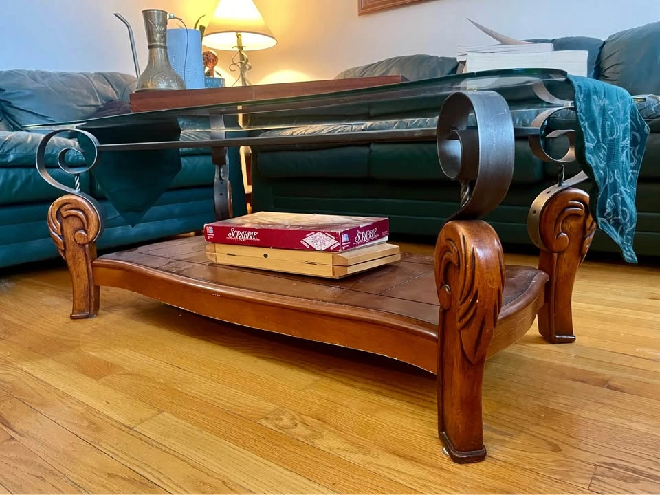 Antique Coffee Table with Glass Top / Wood Metal Accents - photo 3
