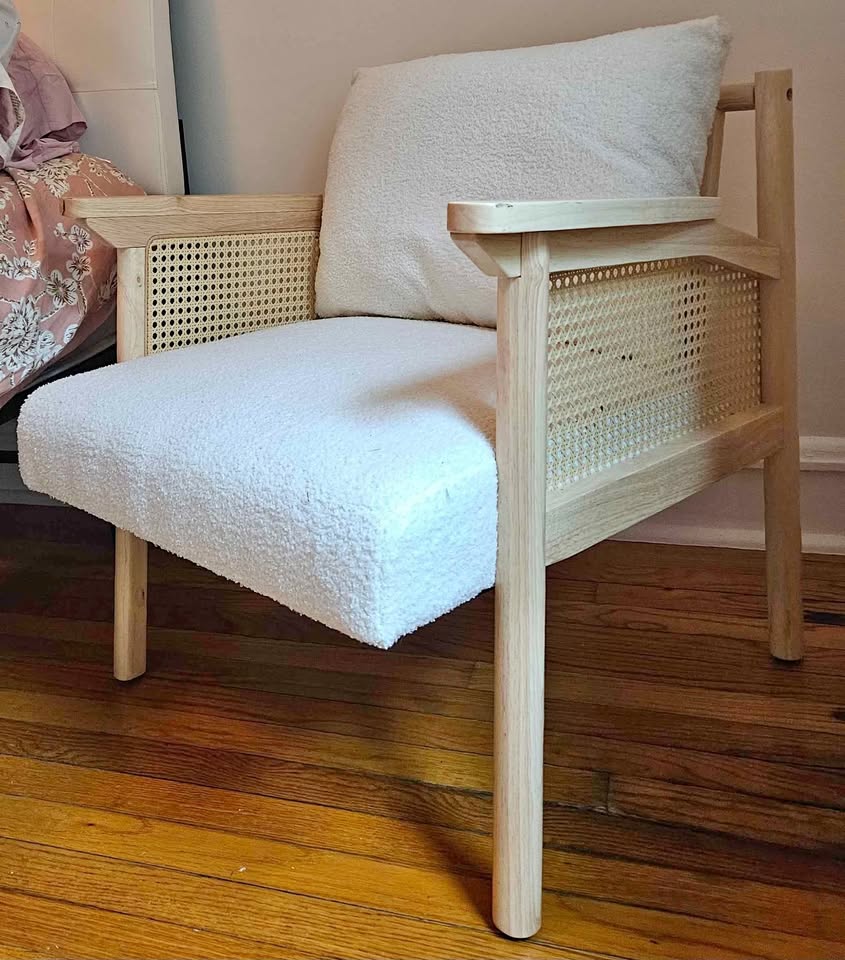 Accent Chair, Lounge Chair, Boucle/Wood/ Rattan