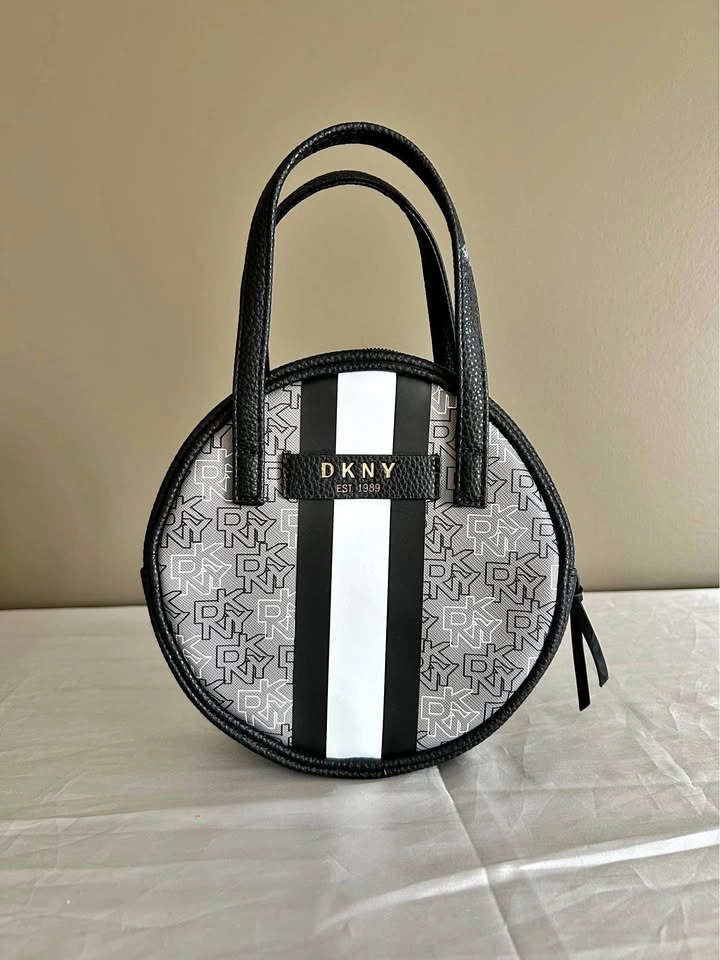 DKNY Round Monogram Striped Crossbody Bag Black White Gray