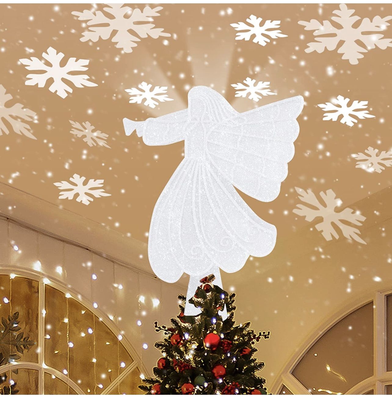 2-in-1 Angel Tree Topper with Rotating Snowflake