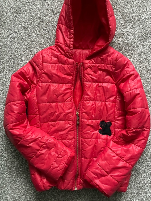 Red Puffer Jacket with Hood Bear Patch