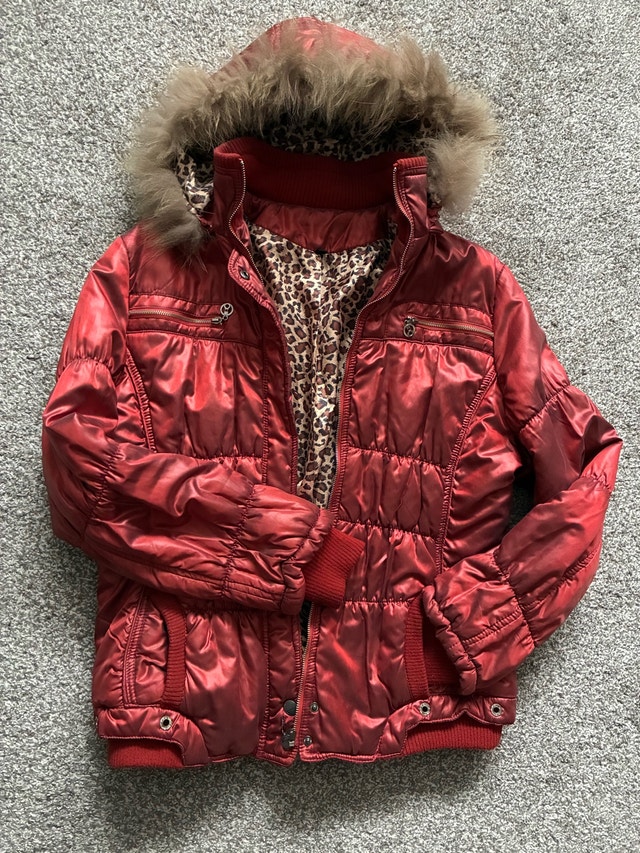 Red Puffer Jacket with Faux Fur Hood Leopard Print Lining