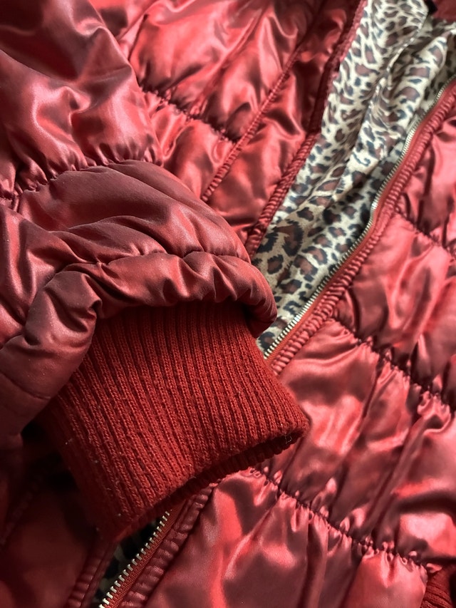 Red Puffer Jacket with Faux Fur Hood Leopard Print Lining - photo 2