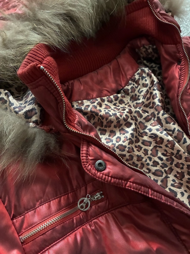 Red Puffer Jacket with Faux Fur Hood Leopard Print Lining - photo 3