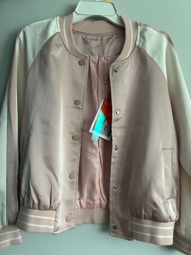 Pink White Satin Bomber Jacket