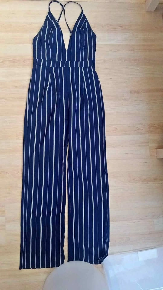 Navy Blue Striped Wide Leg Jumpsuit