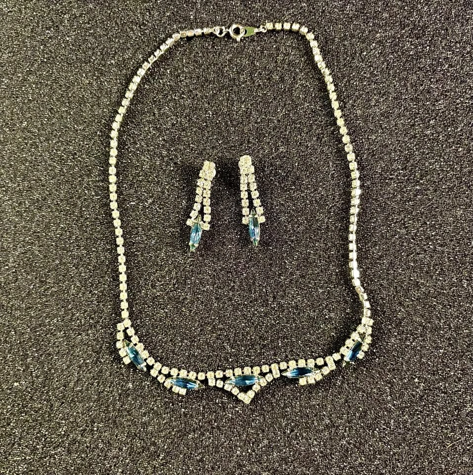 Vintage Blue Rhinestone Necklace & Earring Set Glam
