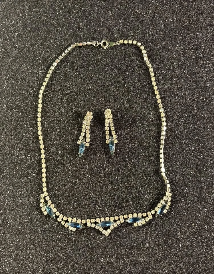 Vintage Blue Rhinestone Necklace & Earring Set Glam - photo 2