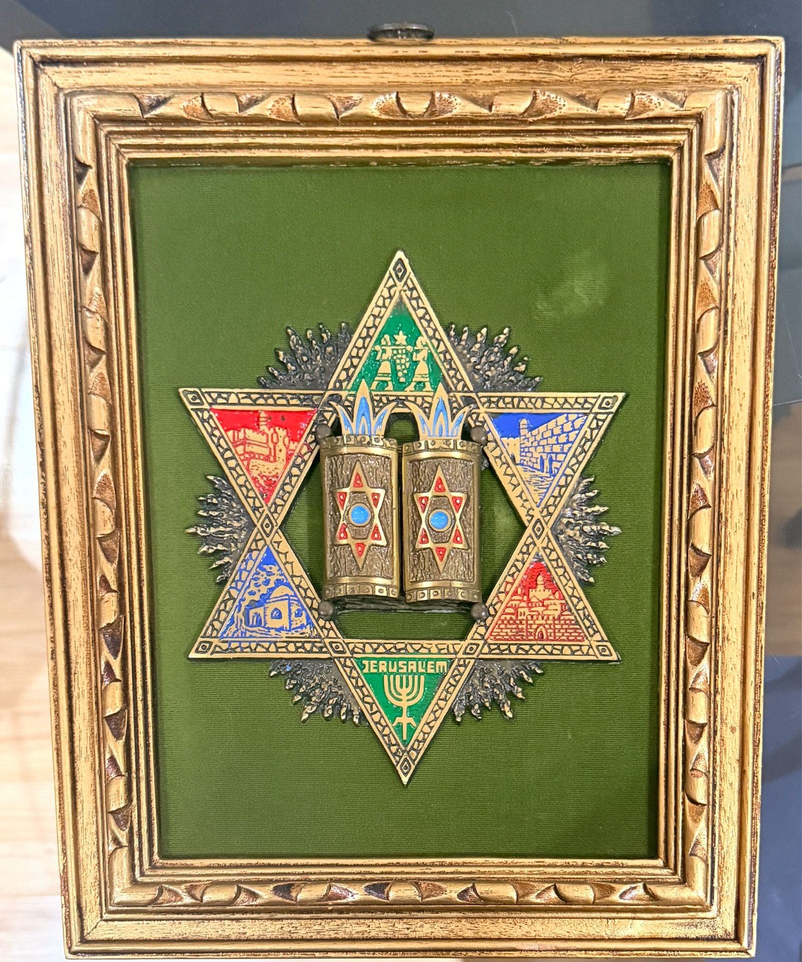 Vintage Judaica Bronze Wall Plaque - Star of David, Torah, Menor