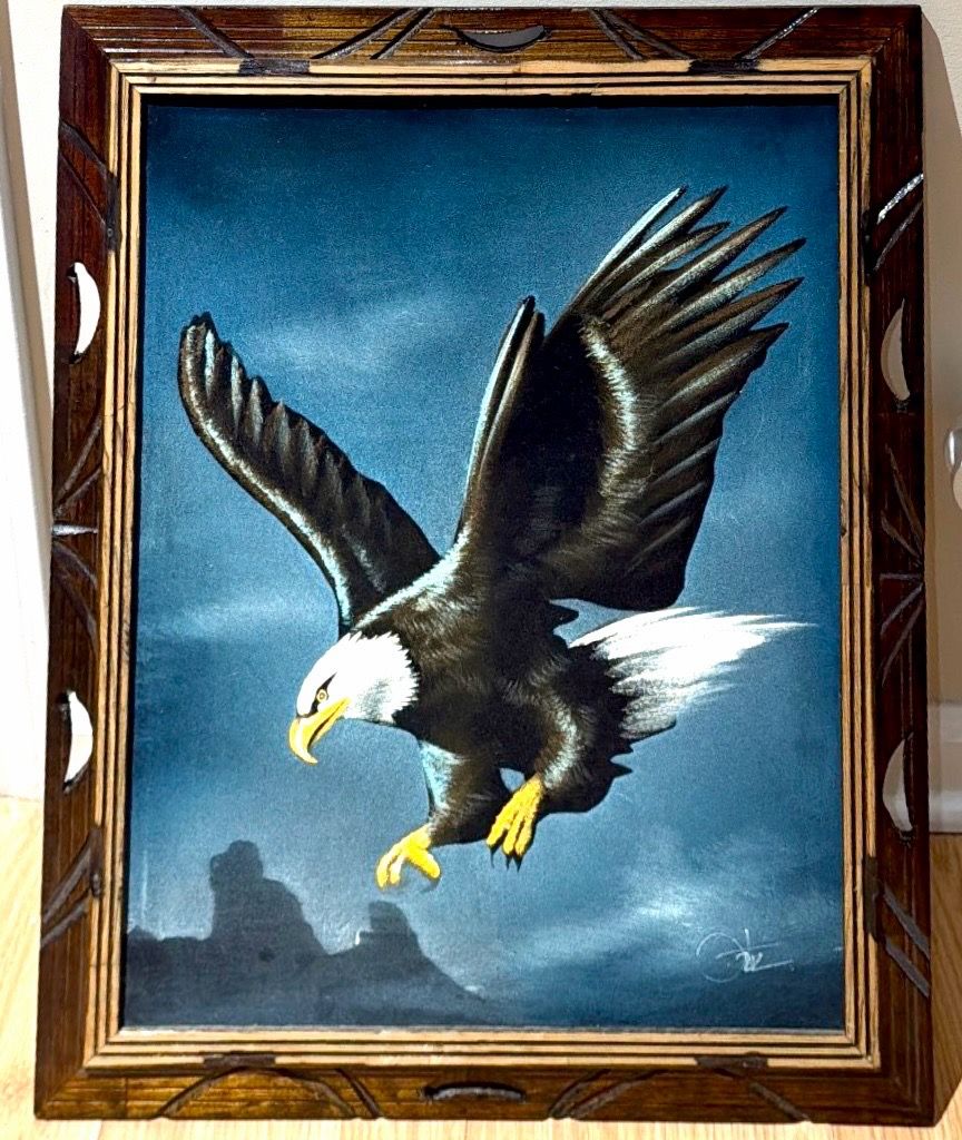 Framed Flying Bald Eagle Black Velvet Painting - Jose-David Orti