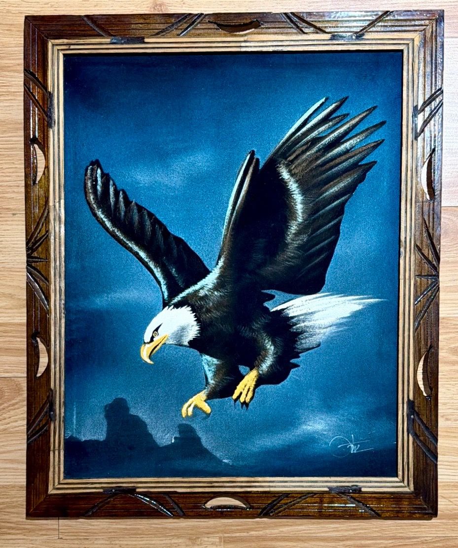 Framed Flying Bald Eagle Black Velvet Painting - Jose-David Orti - photo 2